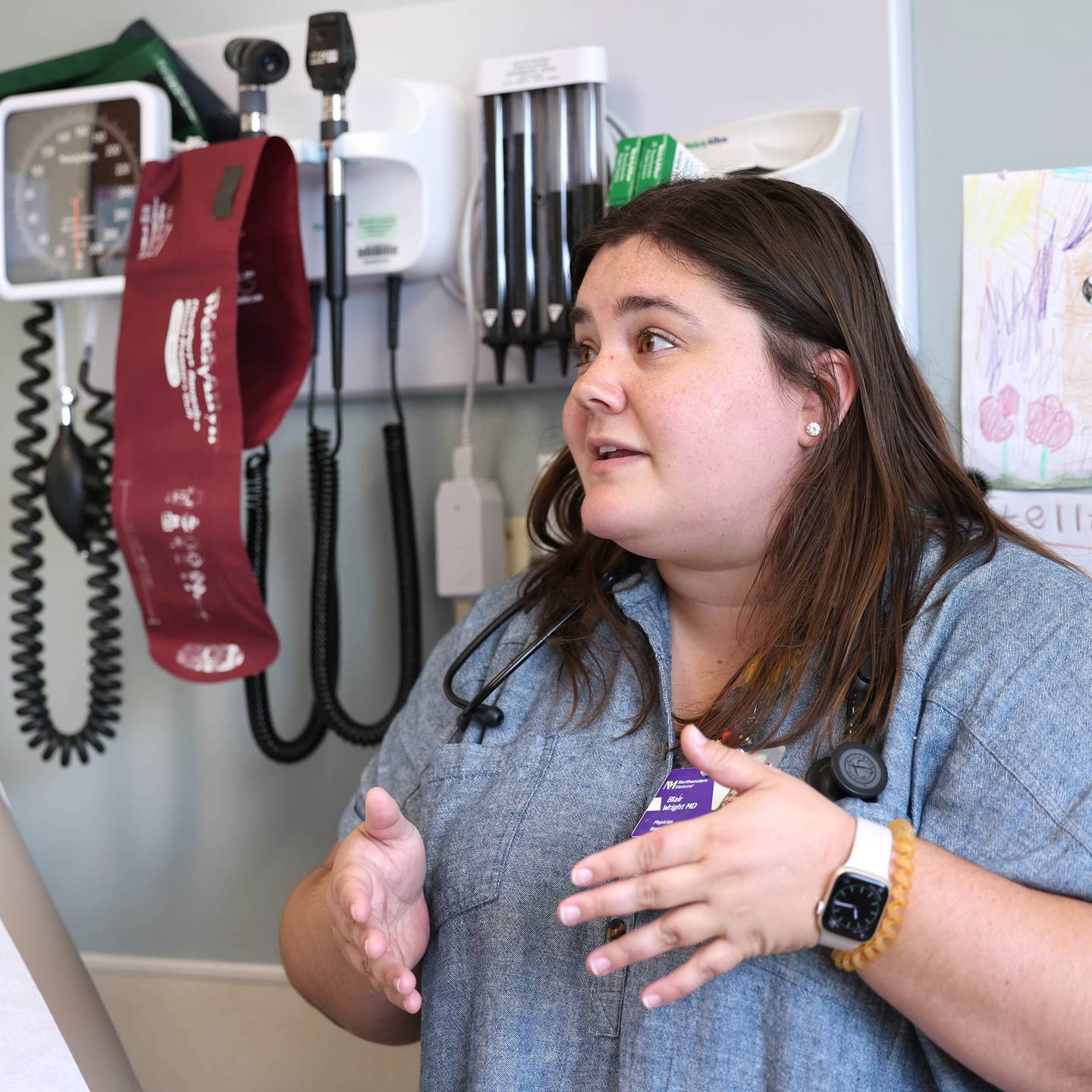Dr. Blair Wright, a pediatrician with Northwestern Medicine Valley West Hospital in Sandwich, talks Wednesday, Sept. 20, 2023, in one of the examination rooms, about about what respiratory illness trends northern Illinois and DeKalb County are seeing this fall, and how the public can stay healthy.