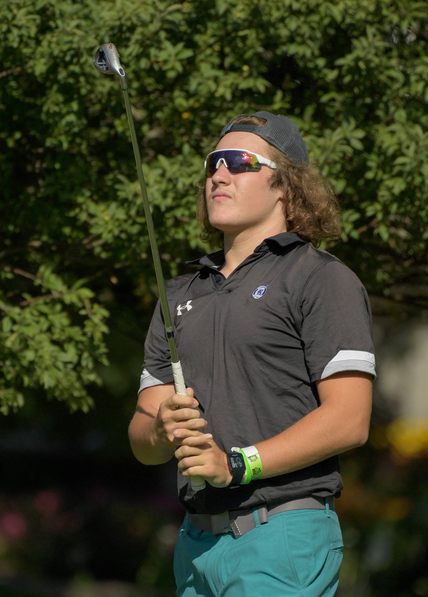 Hinckley-Big Rock's Saje Beane tees off during golf at Indian Oak Golf Course in Shabbona on Tuesday, Aug. 15, 2023.