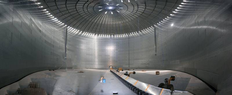 A panoramic view inside a newly built 1.3 million bushel grain bin on Friday, Sept. 26, 2025 at the Ladd Elevator. The bin will be in full operation this fall.