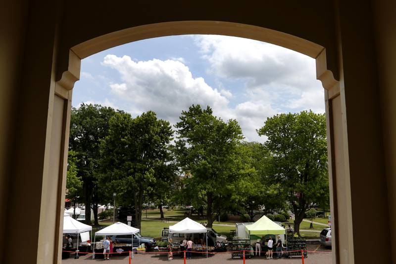 People shop at the Tuesday Woodstock Farmer's Market on June 24, 2025, around the Historic Woodstock Square.