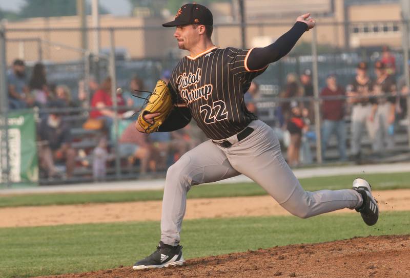 Illinois Valley Pistol Shrimp's  Jared Herzog of Ottawa, fires a pitch against the Alton River Dragons on Thursday, June 5, 2025 at Schweickert Stadium in Peru.