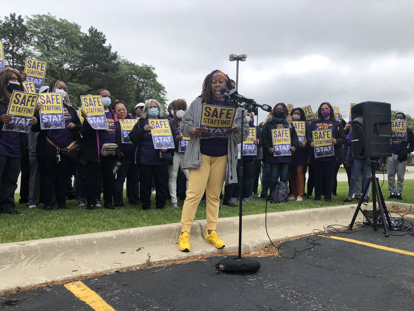 Yolanda Stewart, patient care technician at Northwestern Memorial Hospital, spoke during a rally June 7, 2022, asking the Joint Commission to include safe staffing levels for hospital accreditation.