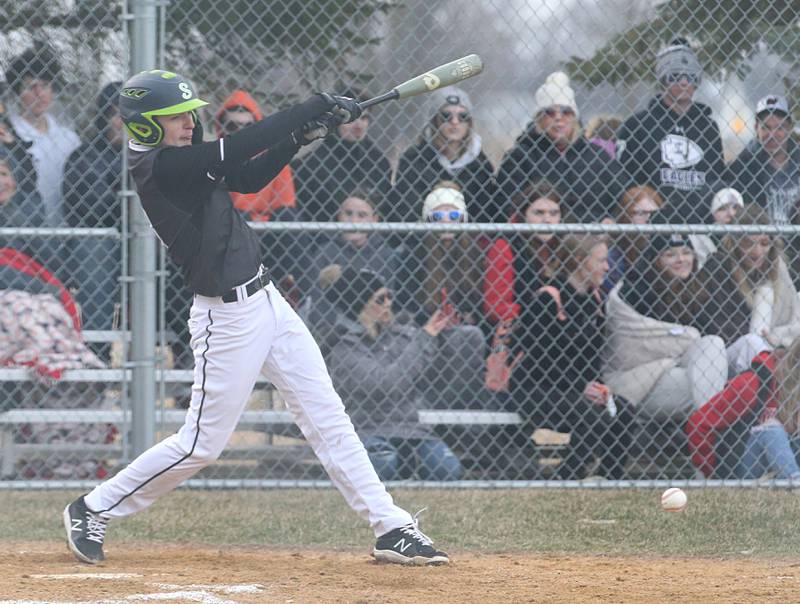 Woodland/Flanagan-Cornell's Tucker Hill hits a ground ball against Streator on Wednesday, March 15, 2023 at Woodland High School.