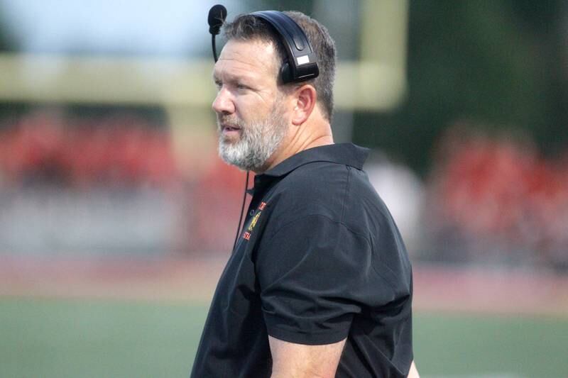 Batavia Head Coach Dennis Piron on the sidelines during the season-opener against Phillips in Batavia on Friday, Aug. 25, 2023.