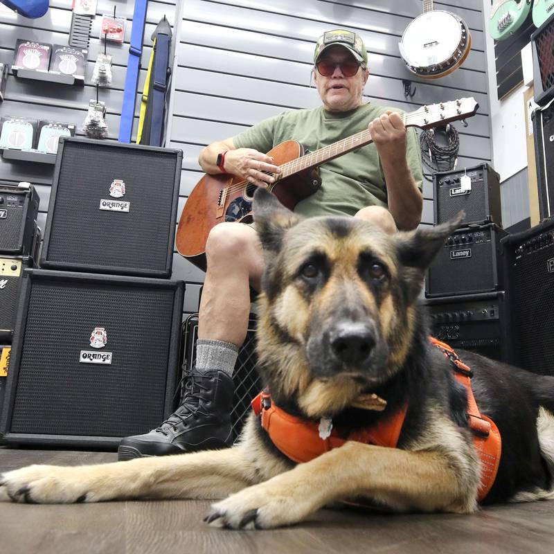 U.S. Marine Corps veteran Marshall Boyle, from DeKalb, plays guitar with his German Shepherd service dog, Lucy, Friday, Sept. 22, 2023, at Aurora Music Company in DeKalb. Boyle serves as an ambassador to Guitars 4 Vets and volunteers for Habitat for Humanity.