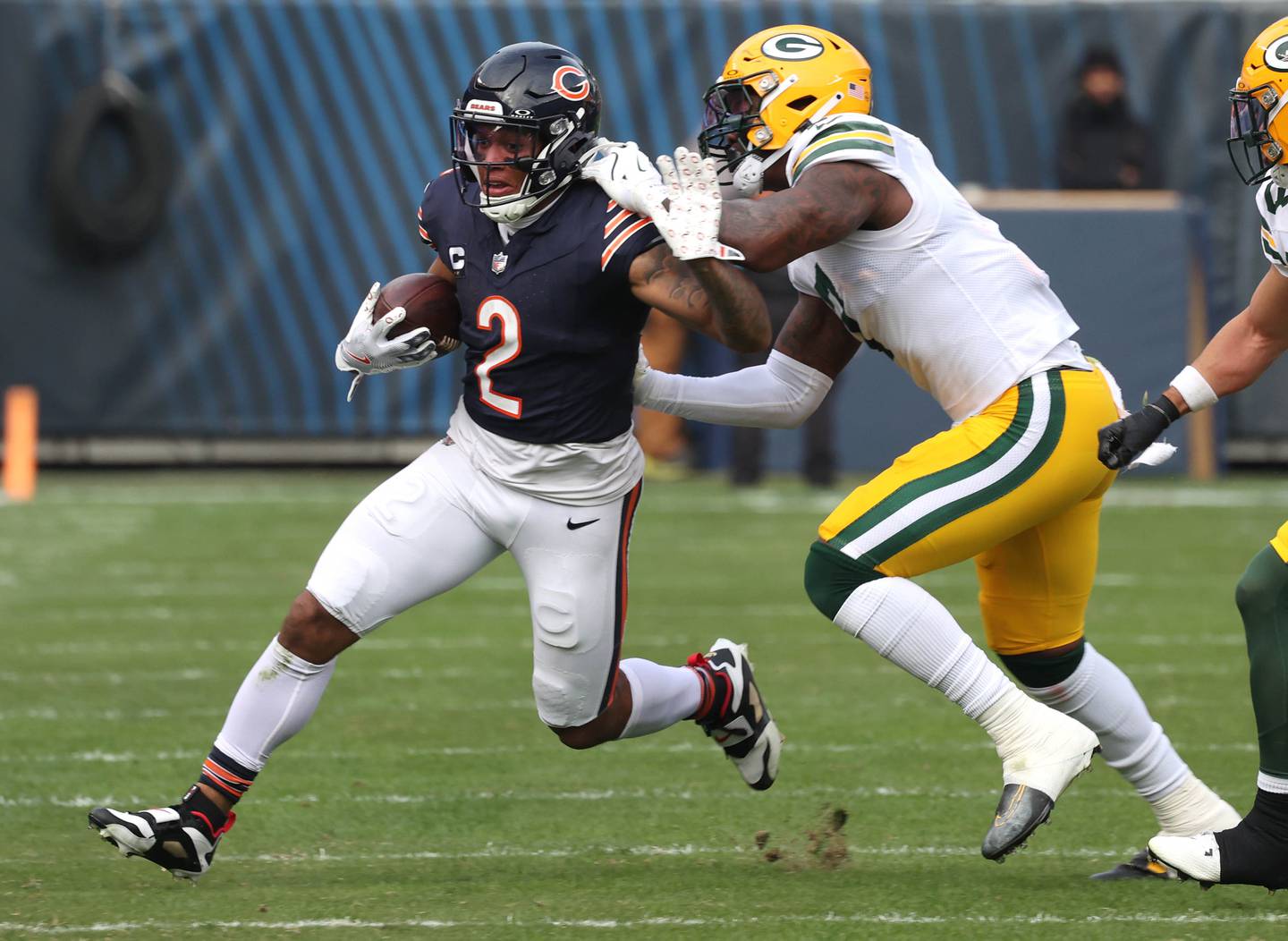 Chicago Bears wide receiver DJ Moore gets outside the Green Bay Packer defense on a running play Sunday, Nov. 17, 2024, during their game at Soldier Field in Chicago.