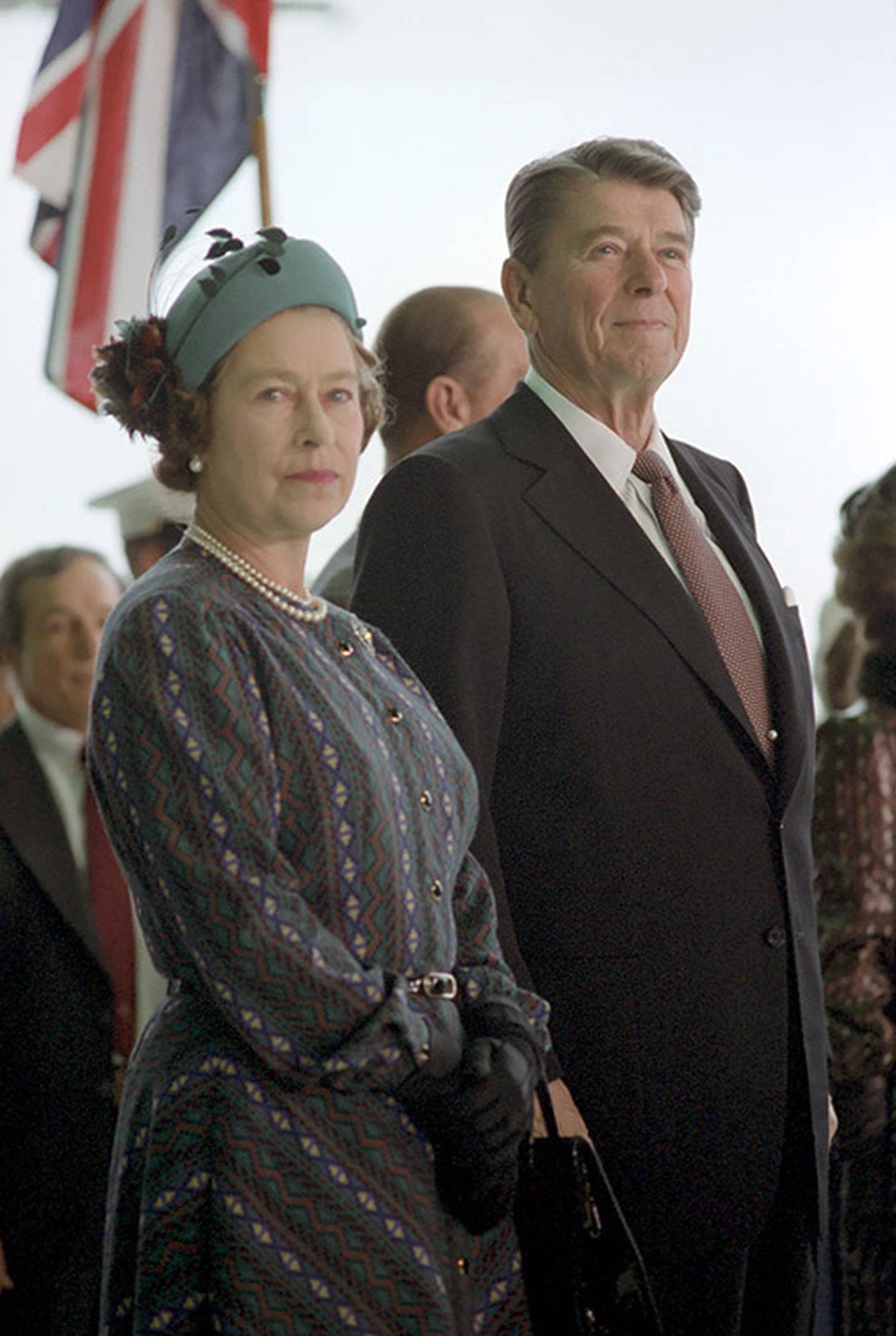 President Reagan Queen Elizabeth II during the arrival ceremony for Queen Elizabeth II of United Kingdom at Santa Barbara airport in Santa Barbara, California on March 1, 1983.