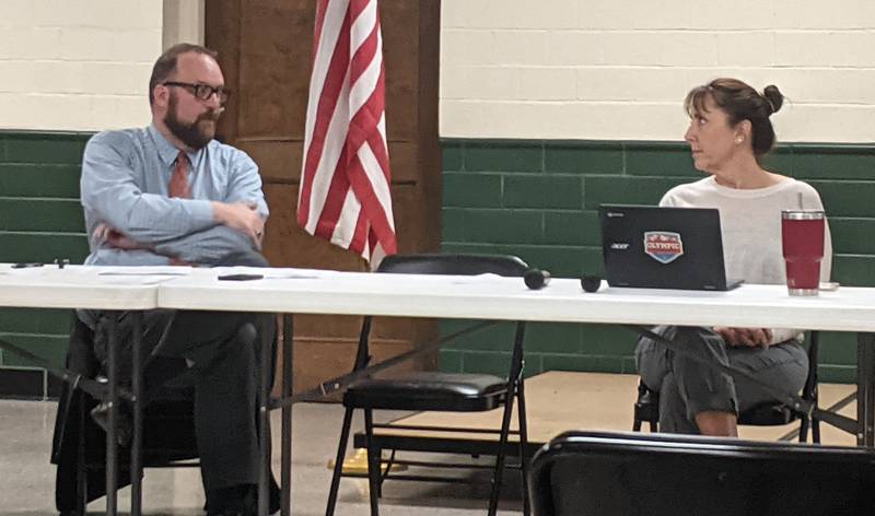 Dixon Public Library Director Antony Deter speaks with library board President Tracey Lawton Monday, Sept. 12, 2022, during the meeting at the Loveland Community House and Museum.