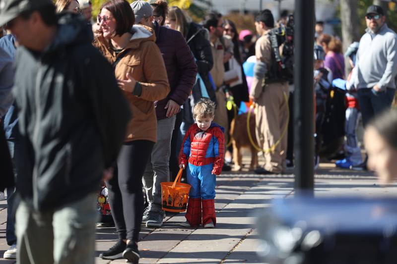 Jace Sohol, 3-years old, waits in line with his family to get candy from the businesses along West Lockport Street at the annual Halloween Spooktacular in downtown Plainfield on Saturday, Oct. 28, 2023.