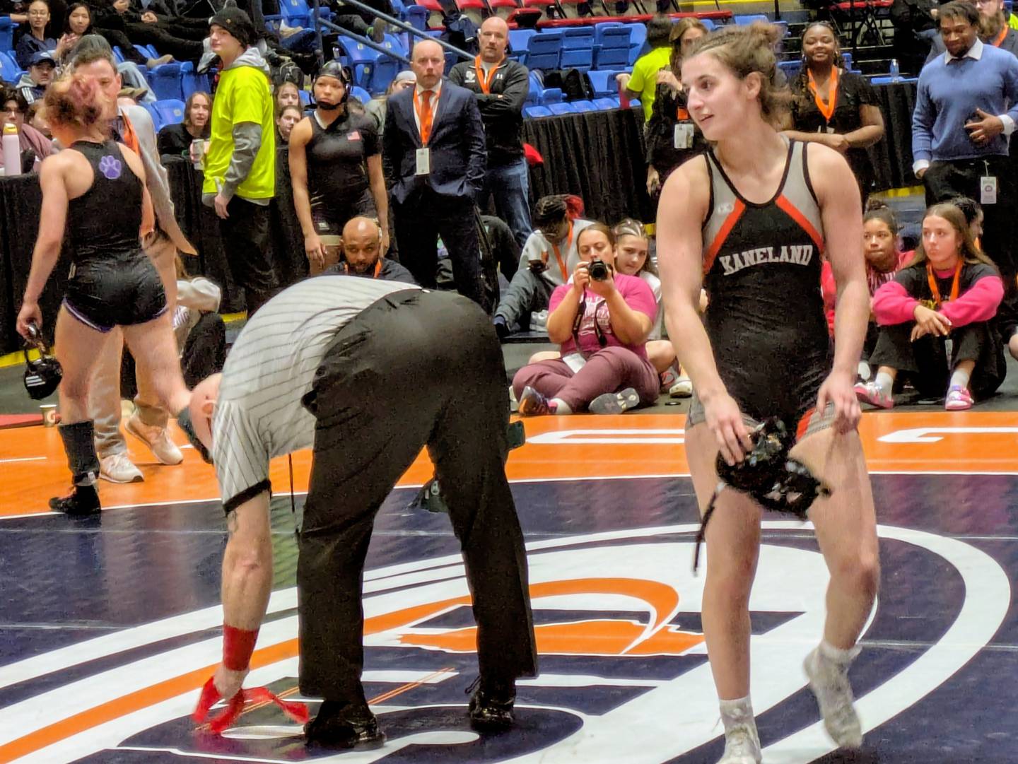 Angelina Gochis celebrates her 120-pound state championship on Saturday, February 28, 2026 in Bloomington.