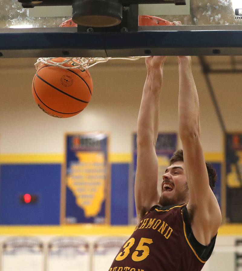 Richmond-Burton's Jace Nelson dunks the ball during the IHSA Class 2A Johnsburg Regional Championship boys basketball game against Johnsburg on Friday, February, 27, 2026, at Johnsburg High School.