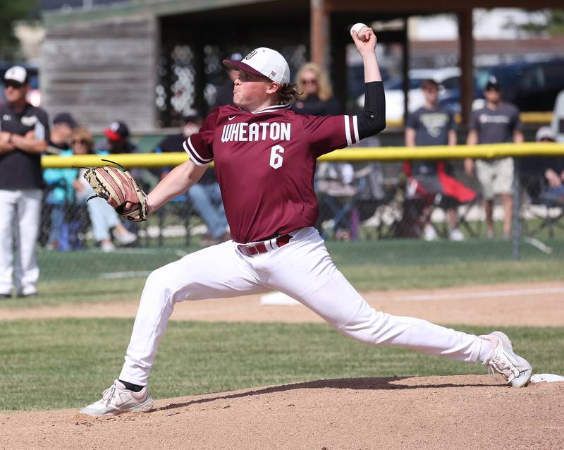 Wheaton Academy's Nate Burden delivers a pitch during their Class 3A sectional semifinal against Sycamore Wednesday, May 29, 2024, at the Sycamore Community Sports Complex.