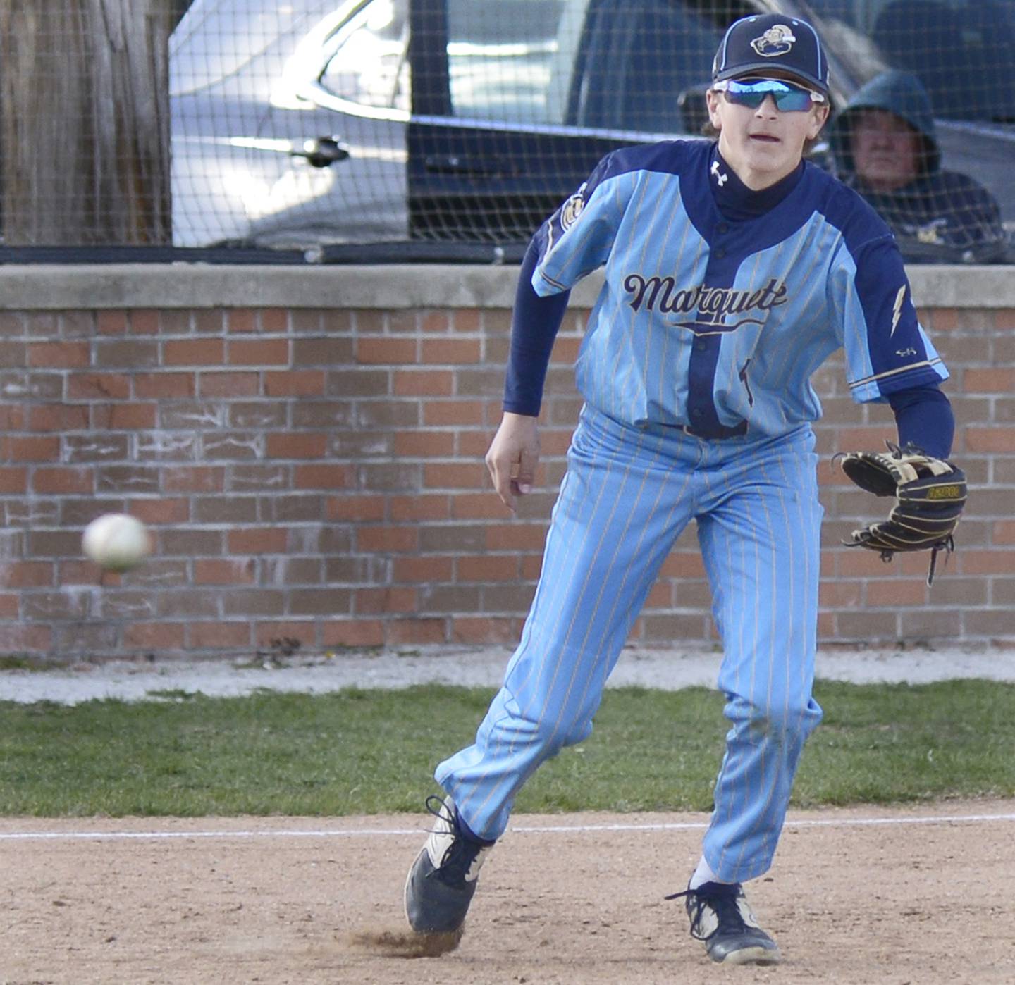 Marquette third baseman Caden Durdan sets to field a ground ball Tuesday against Roanoke-Benson/Lowpoint-Washburn at Masinelli Field.