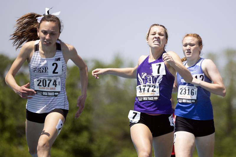 Dixon’s Hannah Steinmeyer crosses the finish in the 2A 800 run Saturday, May 20, 2023 during the IHSA state track and field finals at Eastern Illinois University in Charleston.