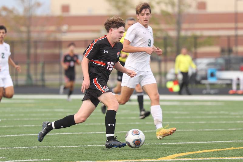 Plainfield East’s Justin Fuernstahl takes the ball upfield against Plainfield Central on Tuesday, Sept. 19, in Plainfield.