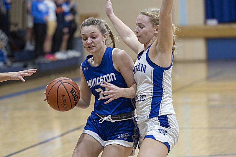 Princeton’s Keighly Davis works against Newman’s Jess Johns Thursday, Dec. 14, 2023 at Newman High School.