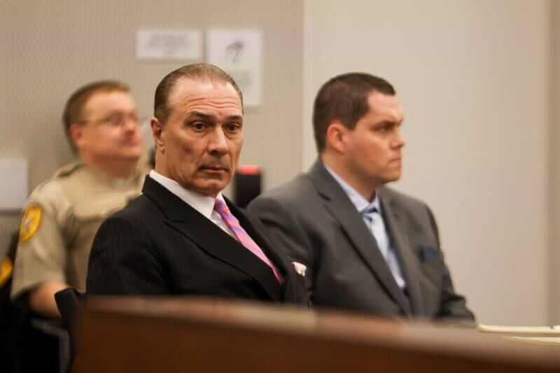 Defense attorney Chuck Bretz sits with his client Jeremy Boshears. Boshears is charged with the murder of Kaitlyn “Katie” Kearns, 24, on Nov. 13, 2017. Thursday, April 14, 2022, in Joliet.