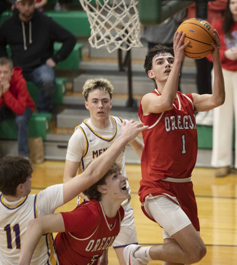 Oregon’s Benny Olalde puts up a shot against Mendota Friday, Feb. 27, 2026, at the Class 2A Rock Falls boys basketball regional.