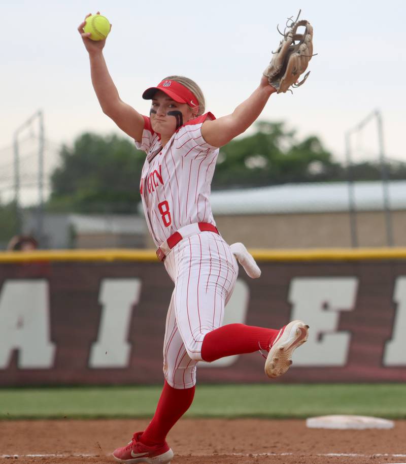 Barrington’s Allie Goodwin makes an offering during during the Class 4A Huntley Sectional championship, Saturday, June 4, 2022.