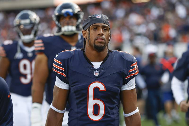 Chicago Bears cornerback Kyler Gordon walks off the field after the first half against the Green Bay Packers, Sunday, Sept. 10, 2023, in Chicago.