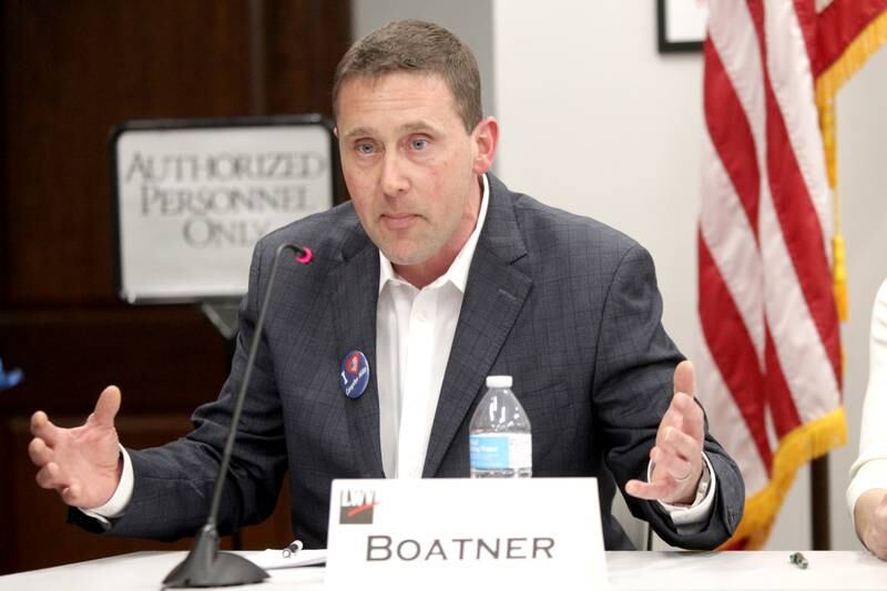 Nicolas Boatner, candidate for Campton Hills trustee, answers a question during a candidates’ forum hosted by the League of Women Voters at the Campton Hills Village Hall on Thursday, March 2, 2023.