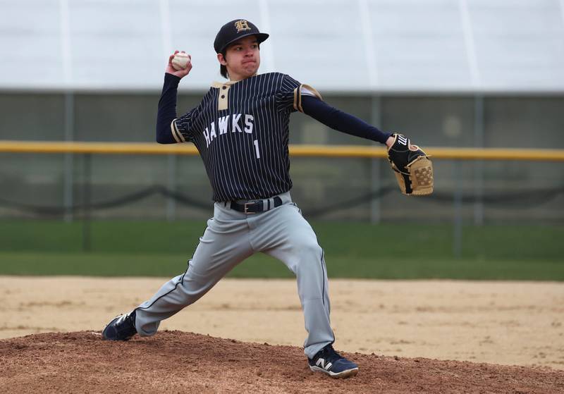 Hiawatha's Aaron Jindrich delivers a pitch Thursday, April 17, 2025, during their game against Parkview Christian Academy at Hiawatha High School in Kirkland.