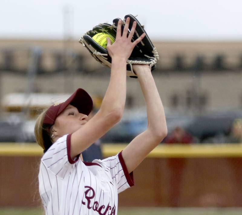 Richmond-Burton's Miranda Hanson catches a fly ball during a Kishwaukee River Conference softball game against Harvard on Thursday, April 9, 2026, at Richmond-Burton High School.