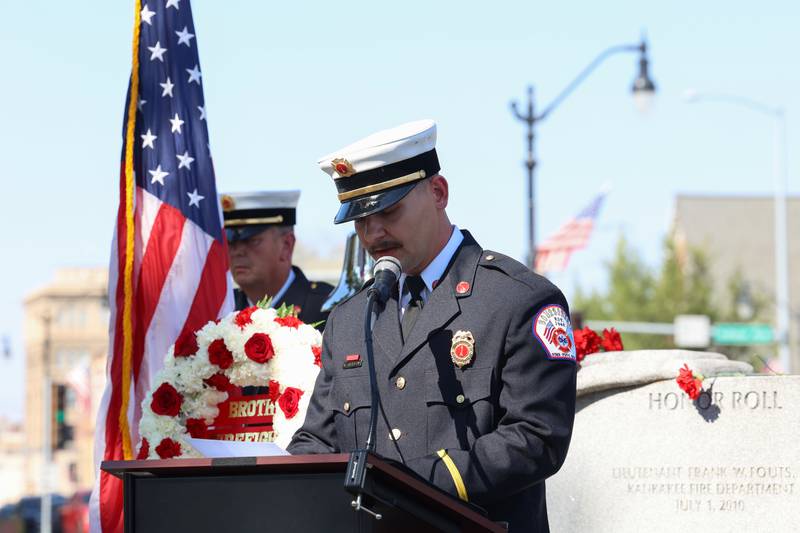 Bourbonnais Fire Protection District Lt. Wyatt Gustafson gives the "Bell Speech" during the 44th Kankakee County Fallen Firefighter Memorial Service on Friday, Oct. 3, 2025.