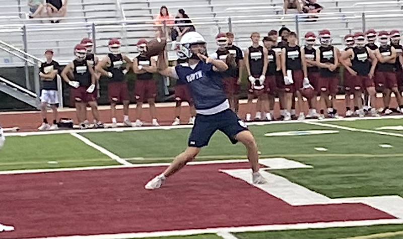 Plainfield South quarterback Cody Hogan throws a pass at a recent 7 on 7 competition at Morris.