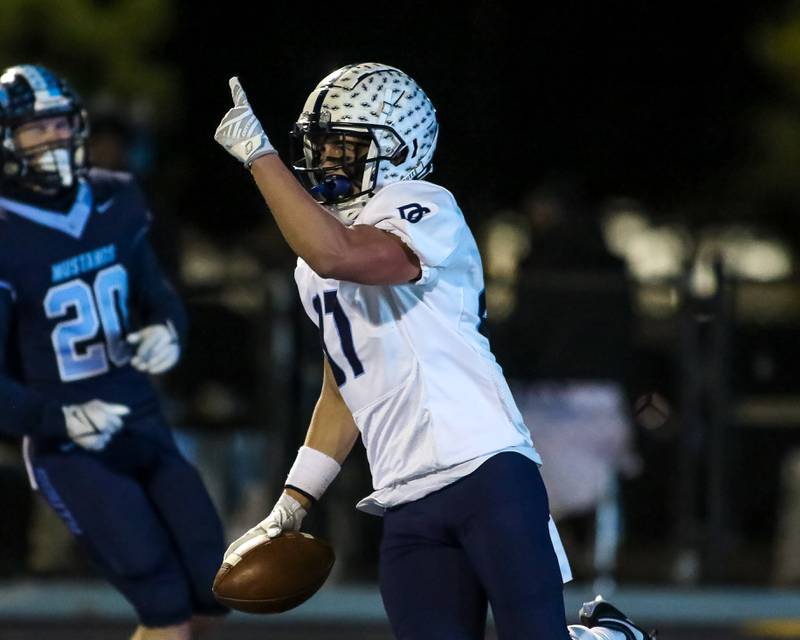 Plainfield South's Logan Weiss (87) celebrates a touchdwon reception during Class 8A Playoff football game between Plainfield South at Downers Grove South on Friday, Nov 1, 2024  in Downers Grove.