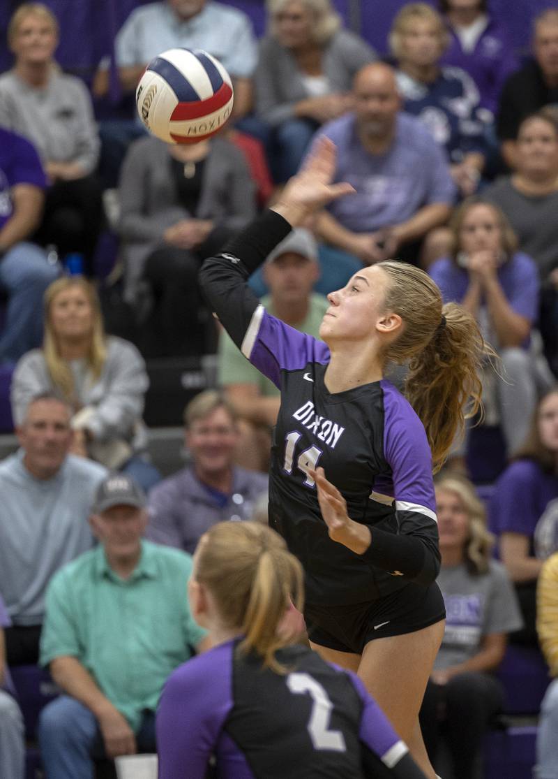 Dixon’s Leah Carlson spikes the ball against North Boone Tuesday, Sept. 24, 2024, in Dixon.