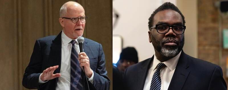 Composite photo of Chicago mayoral candidates Paul Vallas, left, and Brandon Johnson, right. (AP photos/Erin Hooley)