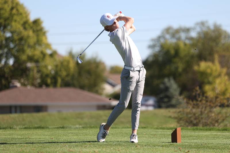 Wheaton Academy’s Lody Lanham tees off the 15th hole in the Class 2A Lemont Boys Golf Sectional on Monday, Oct. 7, 2024 at Wedgewood Golf Course in Lemont.