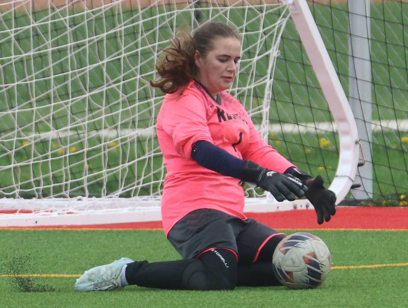 Rochelle keeper Yana Bartkiv makes a stop while playing L-P on Wednesday, April 15, 2026 at the L-P Athletic Complex in La Salle.