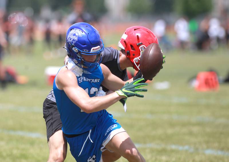St. Francis’ Dario Milivojevic catches the ball during a 7 on 7 tournament on Thursday, June 26, 2025 at Naperville North.
