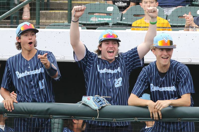 The Nazareth bench starts to celebrate in the last inning of their 16-3 win over Crystal Lake South Friday, June 10, 2022, in the IHSA Class 3A state semifinal game at Duly Health and Care Field in Joliet.