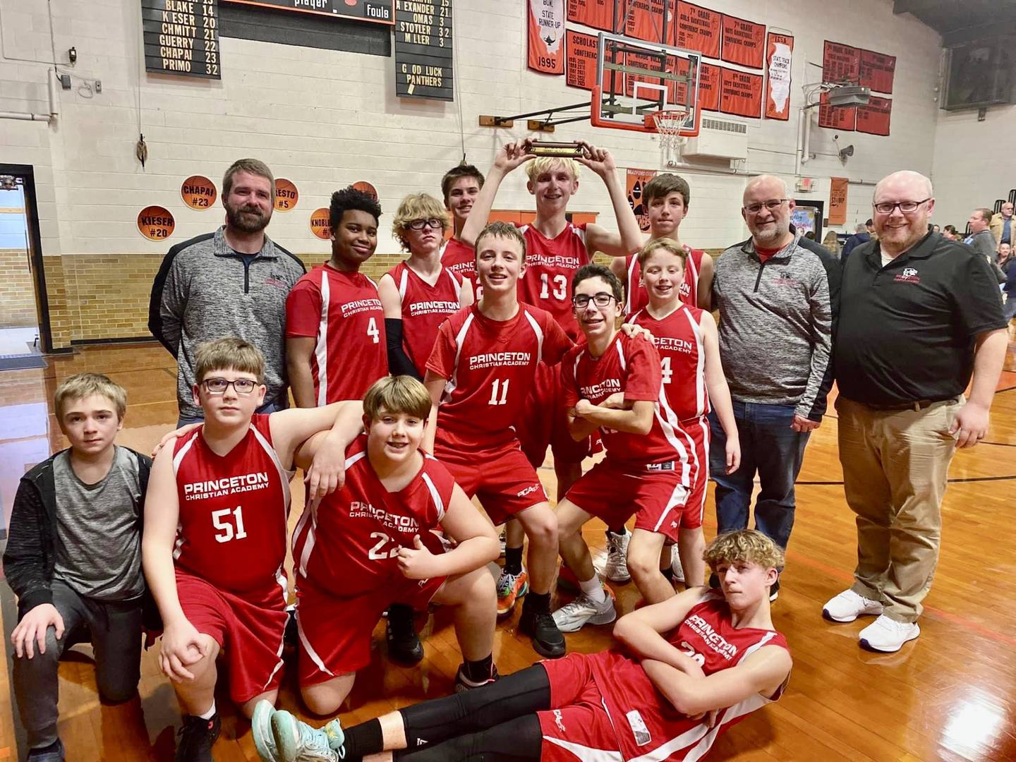 Princeton Christian Academy finished second in the BVEC Tornament. team members are Carson Bullington, Fritz Anderson, Jared Zawistowski and Julian Mucha; (second row) Joel Odell, Santiago Slevin and Levi Eggers; (back row) Coach Justin Bullington, Carter Grey, Colby Pollok, Sheperd Bayer, Jake Harris, Trandon Kays, Coach Curtis Odell and Coach Matt Eggers.