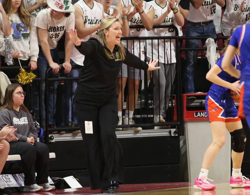 St. Bede head girls basketball coach Stephanie Mickley talks to her team during the Class 1A State semifinal game on Thursday, Feb. 29, 2024 at CEFCU Arena in Normal.