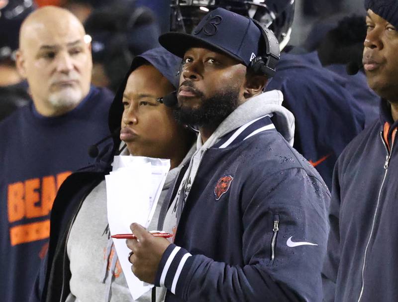 Chicago Bears Head Coach Thomas Brown watches his team during their game against the Seattle Seahawks Sunday, Dec. 26, 2024, at Soldier Field in Chicago.