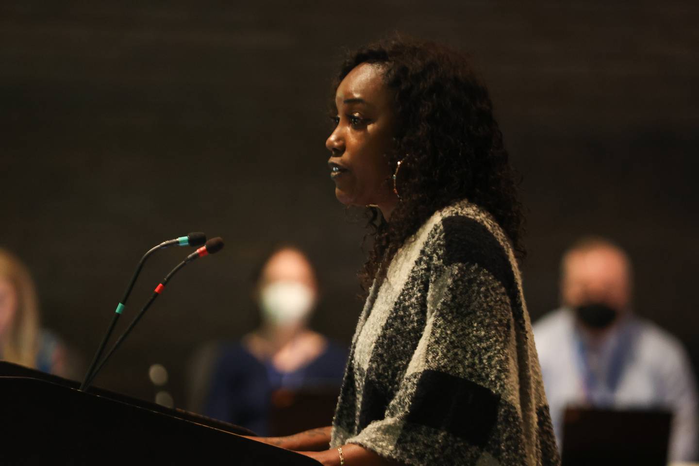 Caprelle Evans of Teamsters 179 speaks at the Joliet Plan Commission meeting. Thursday, April 21, 2022, in Joliet.