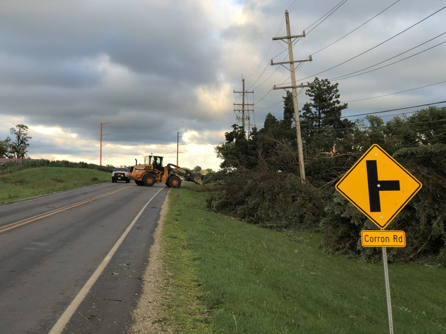 Crews work to clean up the aftermath near Bowes Rd in Elgin Wednesday evening, July 12, 2023, after a storm passed through uprooting several trees on properties on the 9N700 block of Whispering Springs Lane.