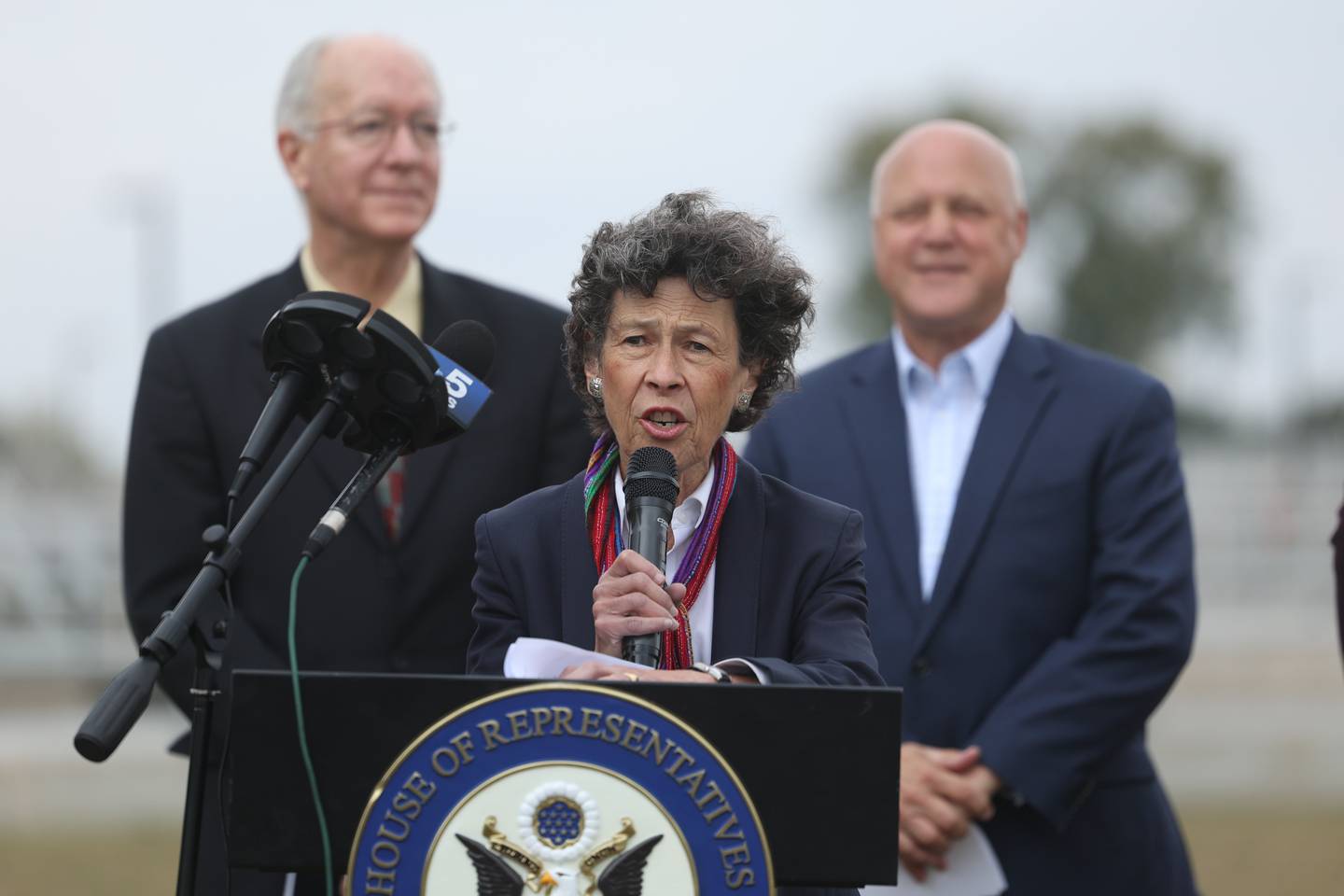 Debra Shore, US Environmental Protection Agency Region 5 Administrator, speaks at the press conference announcing new funding from the Bipartisan Infrastructure Law for the state of Illinois at the City of Joliet Aux Sable Wastewater Treatment Plant on Tuesday.