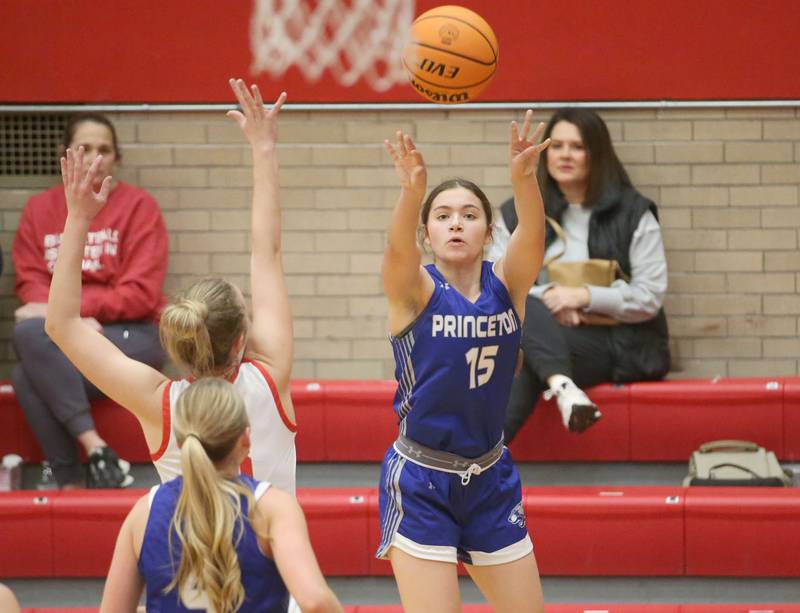 Princeton's Olivia Mattingly shoots a jump shot over Ottawa's Skylar Dorsey on Monday, Feb. 3, 2025 in Kingman Gymnasium at Ottawa High School.