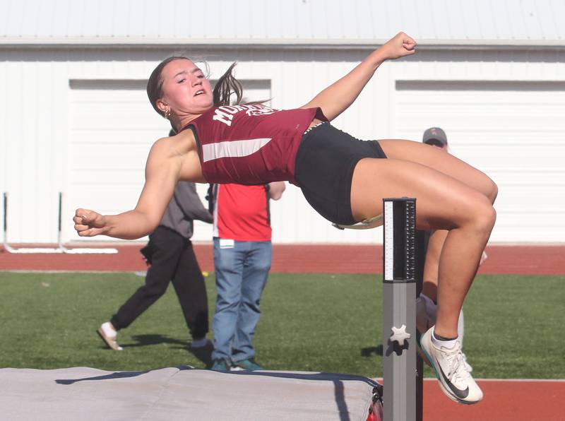 Morris's Dynasty Hicks competes in the high jump during the Interstate 8 Conference girls track championship on Friday, May 9, 2025 at Morris High School.