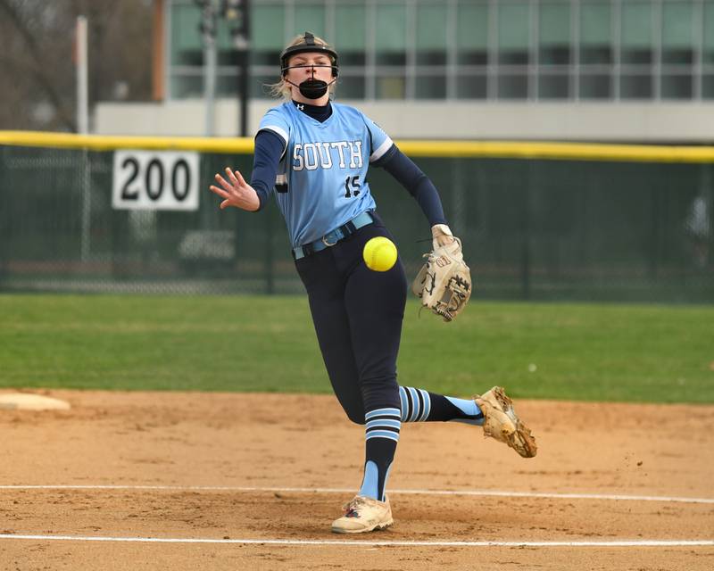 Downers Grove South's Morgan Hahn (15) pitches during the game on Thursday April 3, 2025, while taking on Oswego High School held at Downers Grove South.