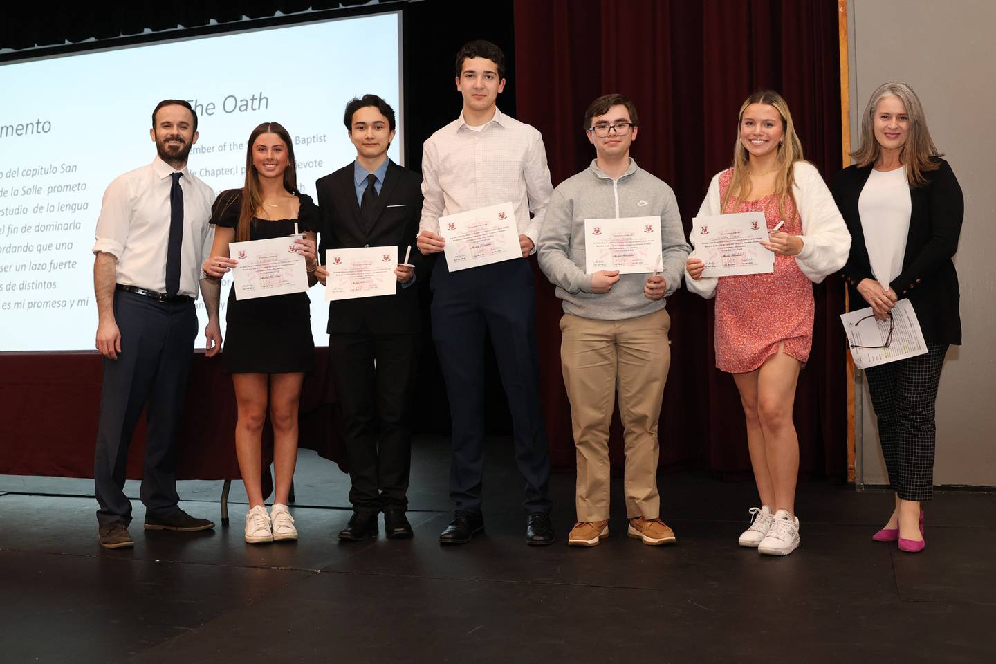 The 2024 inductees to Montini's Spanish Honor Society are (pictured L to r): Maria Bednarczyk of Lombard, Joshua Brunke of Lombard, Conor Kaefer of Lombard, Matthew Silveyra of Carol Stream, Alexandra Ulisano of Downers Grove, (not pictured): John Barrett of Villa Park and Liliana Cruz of Elmhurst