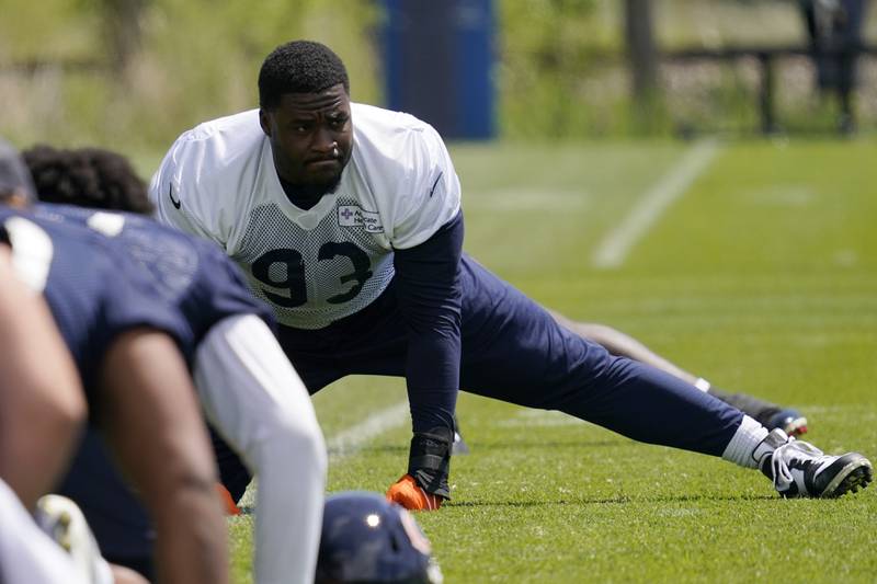 Chicago Bears defensive lineman Justin Jones warms up May 17 at the team's practice facility in Lake Forest.
