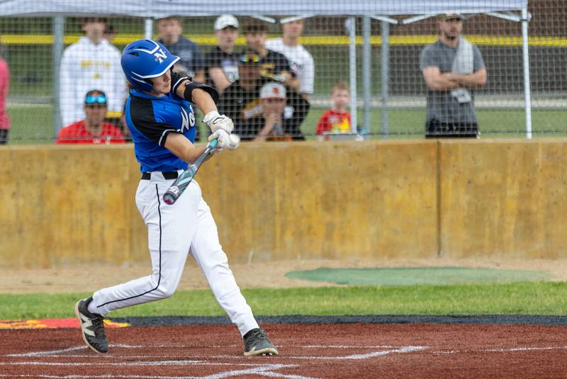 St. Charles North’s Langdon Straub hits a double against Batavia during the Class 4A Regional semifinal at Batavia High School in Batavia on Thursday, May 29, 2025.
