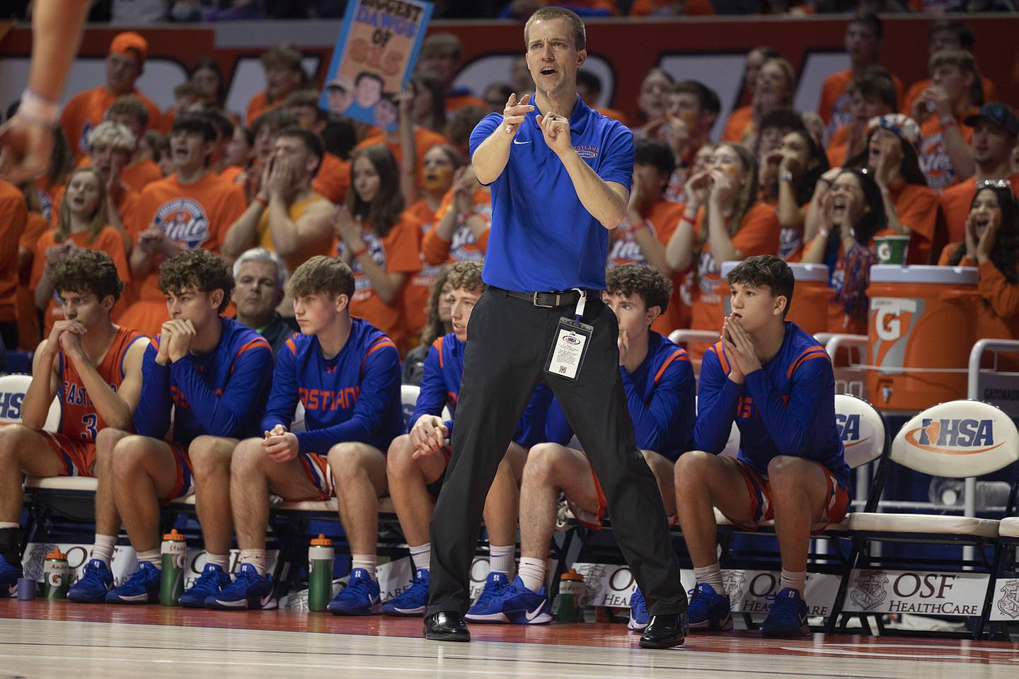 Eastland coach Tyler Zumdahl leads his team against Peoria Christian Thursday, March 13, 2025, during the Class 1A boys basketball state semifinal.