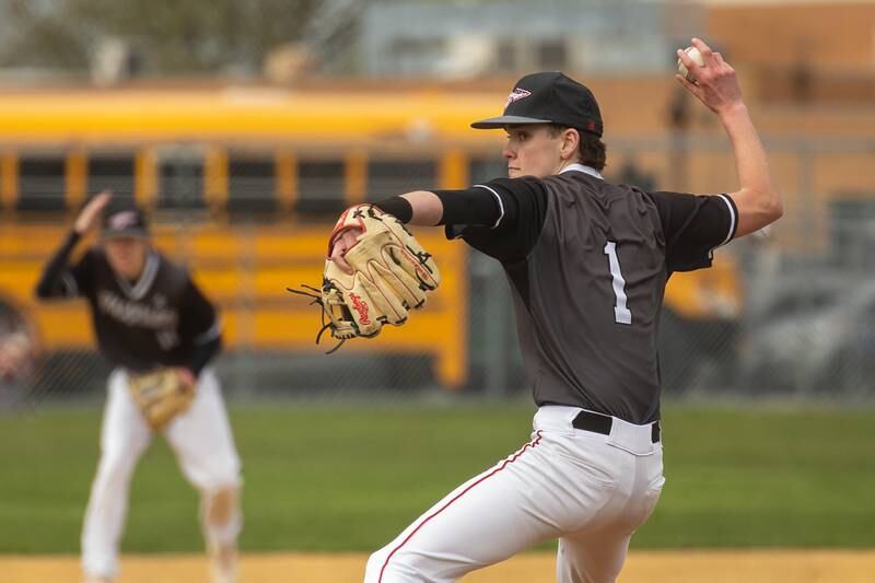 Nolan Price (1) of Woodland/Flanagan-Cornell pitches on Thursday, April 17, 2025 at Woodland High School in Streator.